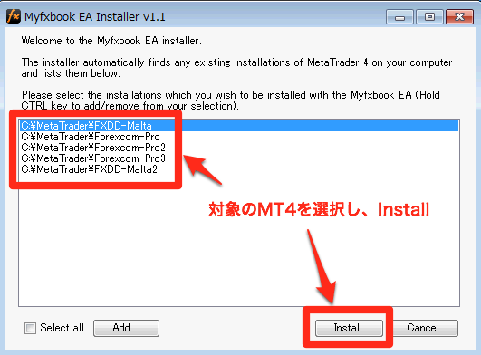 Myfxbookを利用したいMT4を選択し、「Install」をクリック